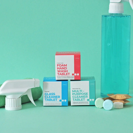 Minq cleaning tablet box bundle with refillable spray bottle