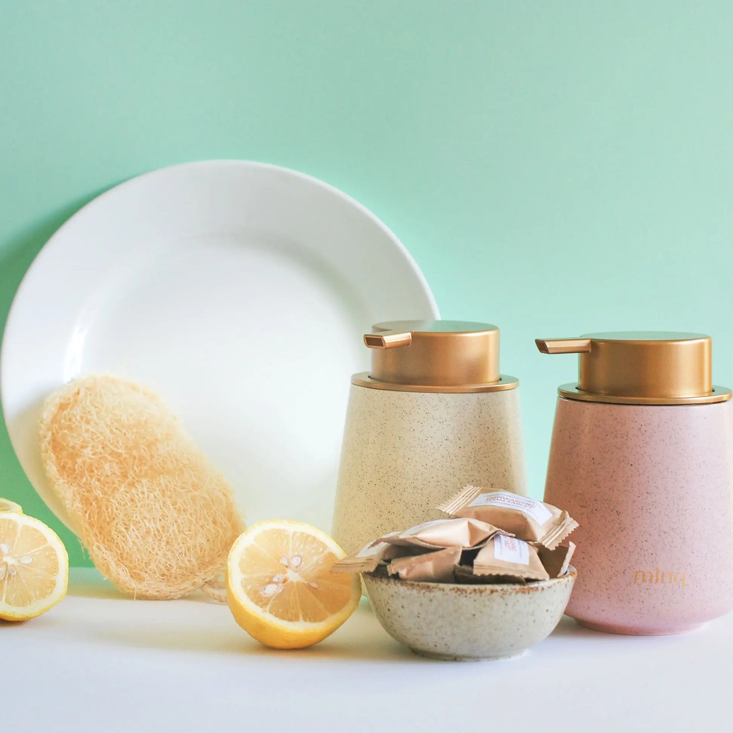 Kitchen Dishwashing Detergent with Foam Dispenser and Loofah Sponge placed in front of dish